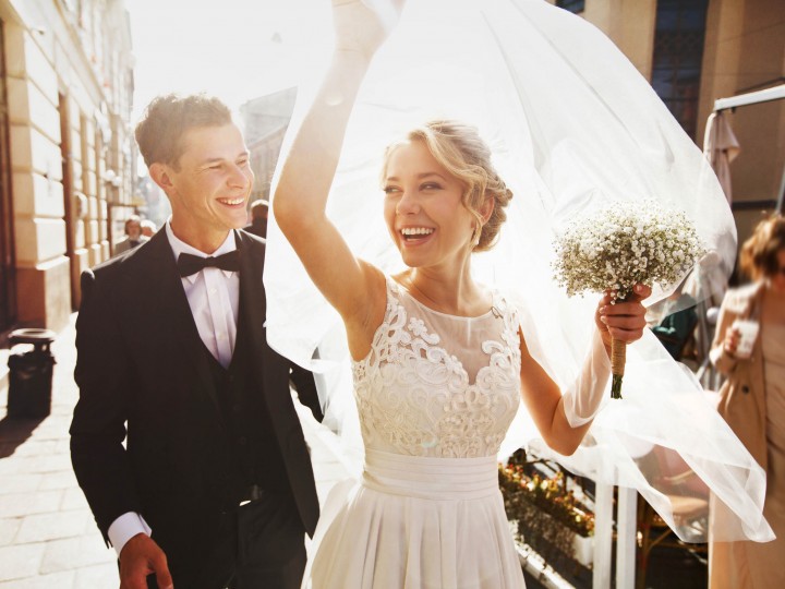 caucasian happy romantic young couple celebrating their marria
