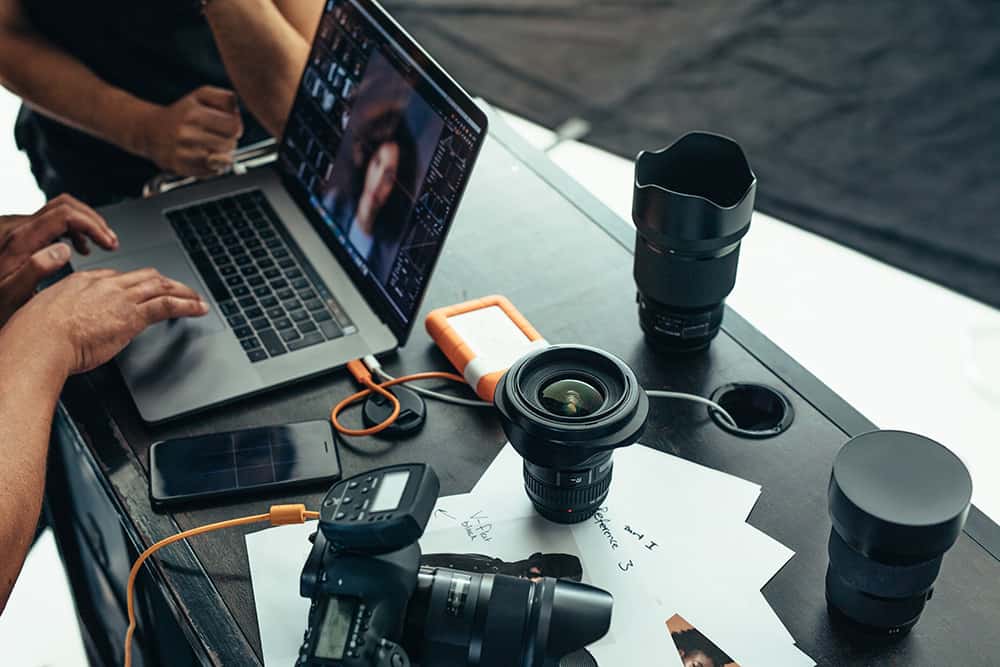 Equipments of a photographer on a table