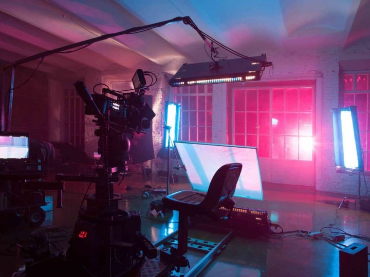 room in the purple light with equipment for a film